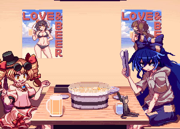 +_+ /\/\/\ 2girls alcohol animated animated_gif beer beer_mug blue_bow blue_hair blue_skirt blush bow chopsticks commentary_request cooking cup drill_hair eating eyewear_on_head food grill hair_bow hat high_collar himekaidou_hatate holding hood hoodie indoors jewelry long_hair meat mg_mg migel_futoshi multiple_girls necklace open_mouth orange_eyes pixel_art poster_(object) restaurant round_eyewear shameimaru_aya short_sleeves siblings sisters sitting skirt smile stuffed_animal stuffed_cat stuffed_toy sunglasses table tongs top_hat touhou twin_drills very_long_hair water yakiniku yorigami_jo'on yorigami_shion