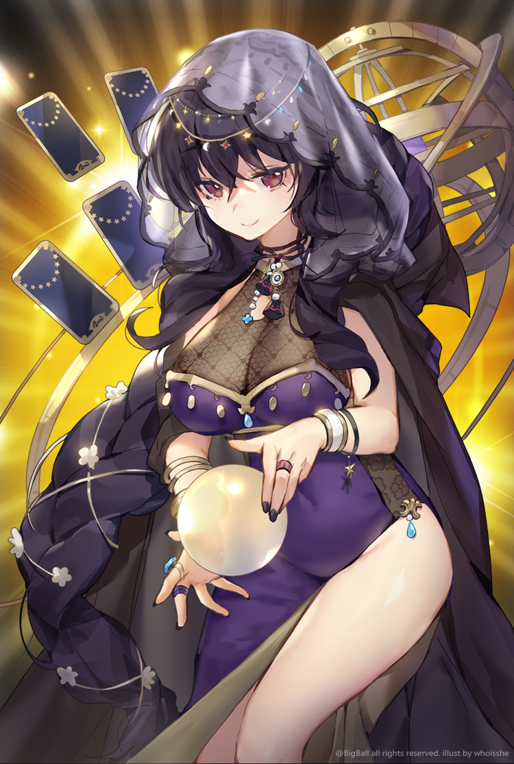 1girl artist_name bangle black_hair black_nails bracelet breasts card character_request cleavage covered_navel crystal_ball jewelry long_hair nail_polish necklace ring soccer_spirits solo standing tagme violet_eyes watermark whoisshe wristband