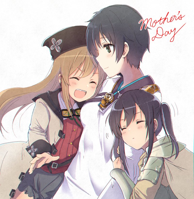3girls arm_hug black_hair black_skirt brown_hair cape closed_eyes coat crook_morphus el_mofus_(rance_10) goggles goggles_around_neck green_eyes hat long_hair miton_(ton321) mother_and_daughter multiple_girls open_mouth rance_(series) rance_10 short_hair simple_background skirt twintails white_background