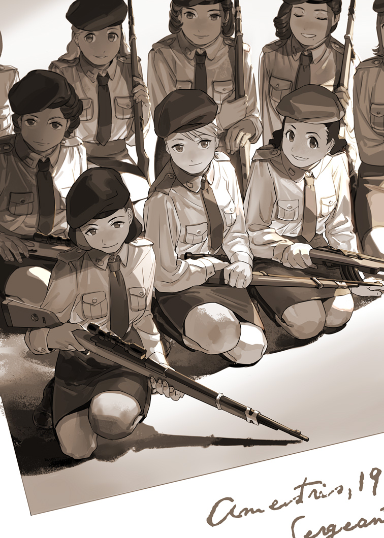 beret fullmetal_alchemist gun hat holy_pumpkin kneeling military military_uniform monochrome necktie photo rifle riza_hawkeye scope sepia shirt skirt uniform weapon