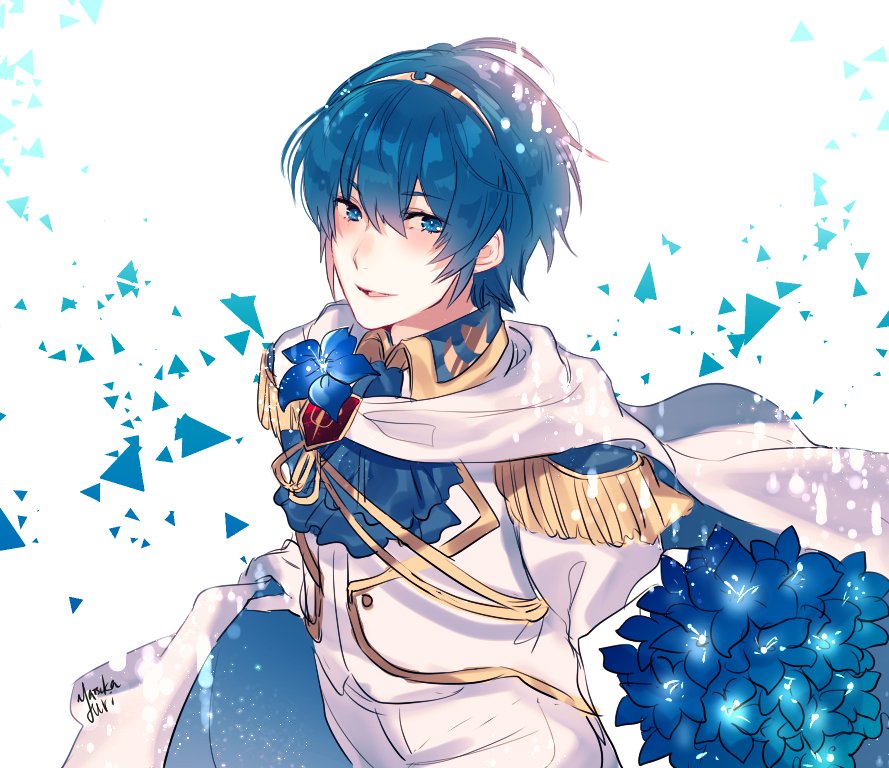 1boy artist_request blue_eyes blue_hair fire_emblem fire_emblem:_mystery_of_the_emblem fire_emblem_heroes flower formal gloves groom looking_at_viewer male_focus marth short_hair simple_background smile suit tiara tuxedo