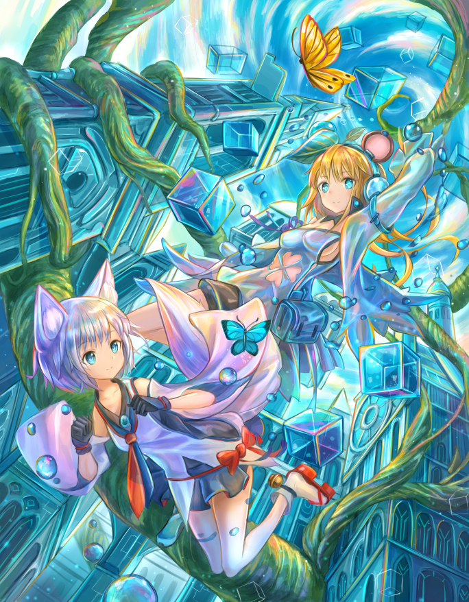 2girls animal_ears bell blonde_hair blue_eyes blush bow breasts bug butterfly closed_mouth cube eyebrows_visible_through_hair fox_ears fox_tail headphones insect kutsunohito long_hair looking_at_viewer looking_away medium_breasts multiple_girls original plant red_bow sandals short_hair sideboob smile socks tail vines white_hair white_legwear