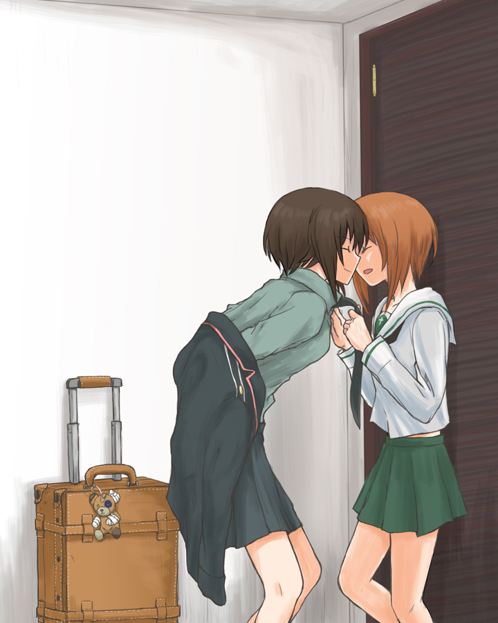 2girls alternate_costume bandage bangs black_jacket black_neckwear black_skirt blouse boko_(girls_und_panzer) brown_hair closed_eyes closed_mouth commentary doll door epaulettes facing_another from_side girls_und_panzer green_skirt grey_shirt imminent_kiss incest indoors jacket leaning_forward long_sleeves luggage military military_uniform multiple_girls mutsu_(layergreen) neckerchief necktie necktie_grab neckwear_grab off_shoulder ooarai_school_uniform open_mouth pleated_skirt school_uniform serafuku shirt short_hair siblings sisters skirt smile standing stuffed_animal stuffed_toy teddy_bear undressing uniform white_blouse yuri