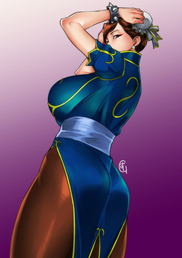 1girl arms_behind_head ass blue_dress bracelet breasts brown_eyes brown_hair brown_legwear bun_cover china_dress chinese_clothes chun-li cowboy_shot double_bun dress earrings eyeshadow from_behind ganto jewelry large_breasts looking_back makeup pantyhose pelvic_curtain puffy_short_sleeves puffy_sleeves sash short_sleeves side_slit spiked_bracelet spikes street_fighter thick_thighs thighs