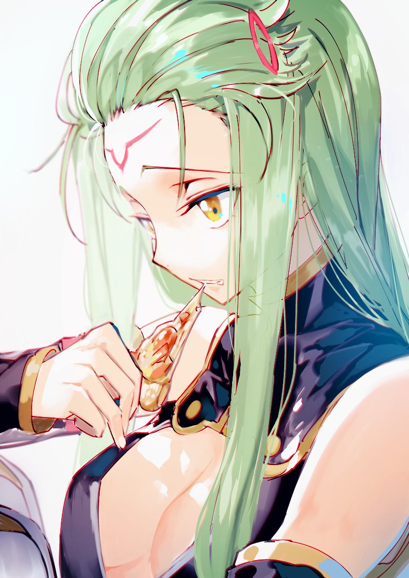 1girl bare_shoulders breasts c.c. cleavage_cutout code_geass commentary_request creayus detached_sleeves dress eating facial_mark fingernails food forehead_mark from_side green_hair hair_ornament hairclip hand_up holding long_hair long_sleeves pizza purple_dress small_breasts solo upper_body yellow_eyes