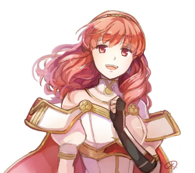1girl arm_guards bare_shoulders black_gloves breastplate celica_(fire_emblem) detached_collar fingerless_gloves fire_emblem fire_emblem_echoes:_mou_hitori_no_eiyuuou gloves hairband long_hair open_mouth red_eyes redhead simple_background solo white_background yukimiyuki