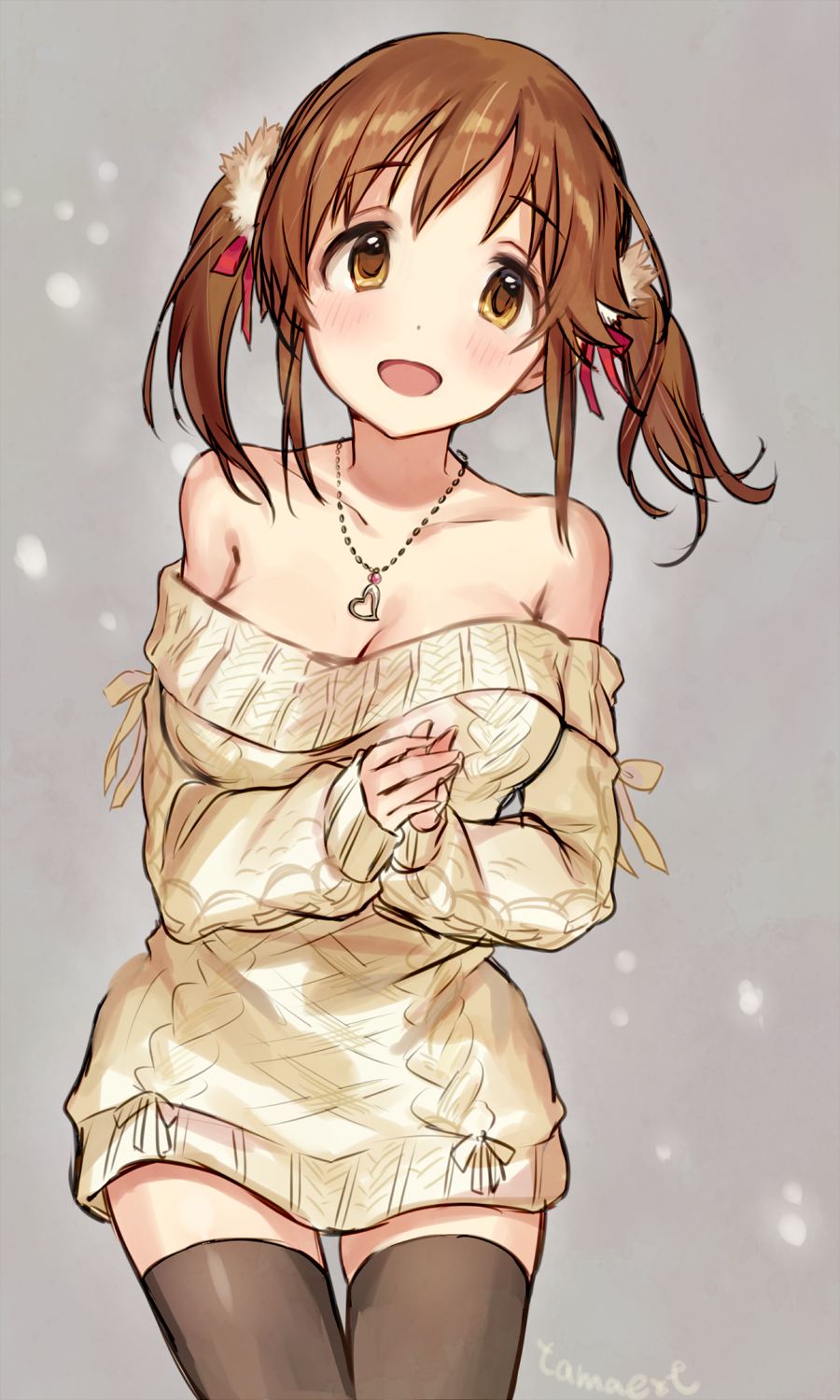 1girl aran_sweater bare_shoulders blush breasts brown_eyes brown_hair cleavage collarbone cowboy_shot dress eyebrows_visible_through_hair hair_ribbon heart heart_necklace highres idolmaster idolmaster_cinderella_girls jewelry large_breasts looking_at_viewer necklace off-shoulder_sweater open_mouth own_hands_together ribbon simple_background sleeves_past_wrists smile solo sweater sweater_dress tamaext thigh-highs totoki_airi twintails