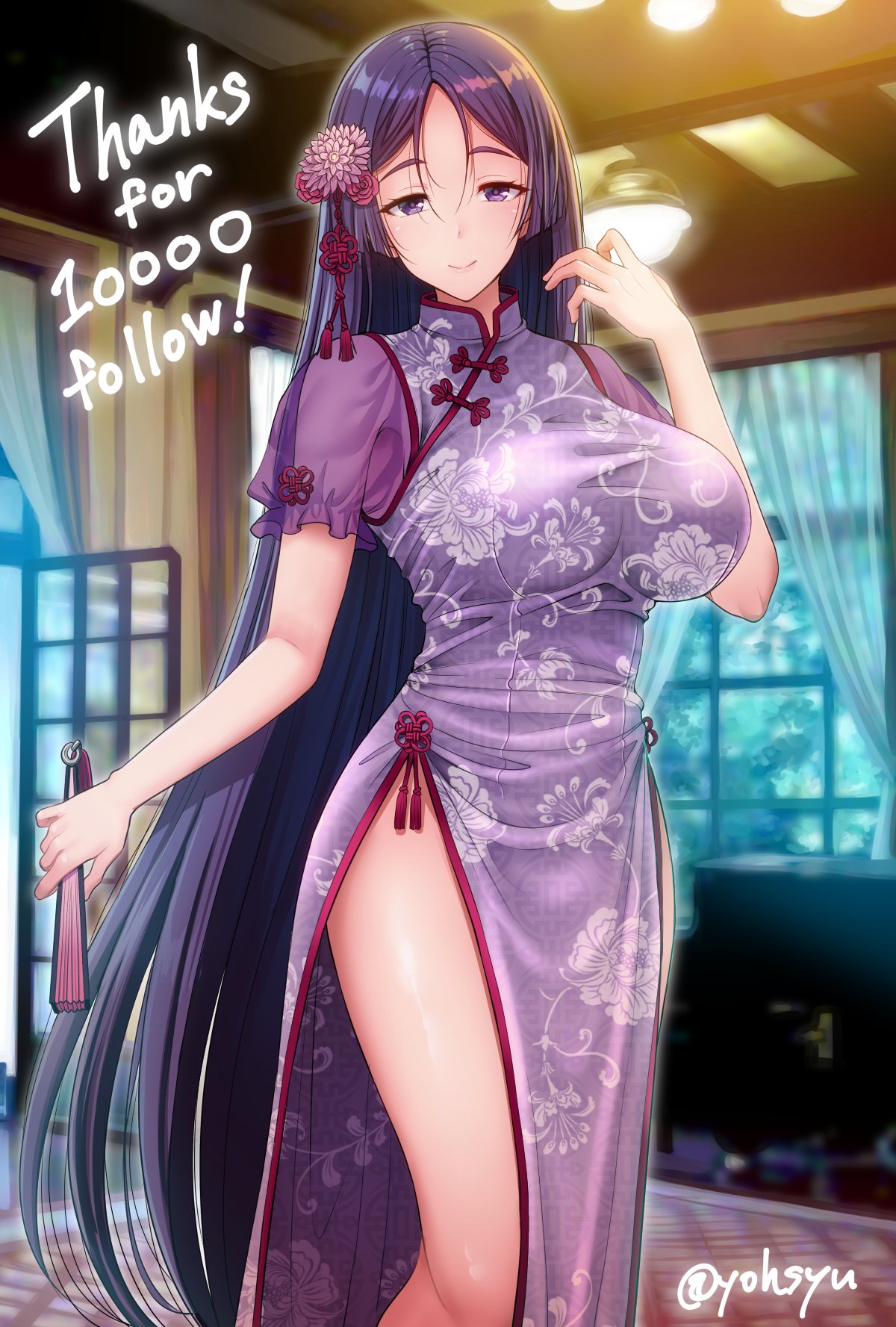 bangs breasts china_dress chinese_clothes dress engrish fan fate/grand_order fate_(series) hair_ornament highres huge_breasts long_hair minamoto_no_raikou_(fate/grand_order) paper_fan parted_bangs pelvic_curtain purple_hair ranguage transparent_sleeves very_long_hair youshuu