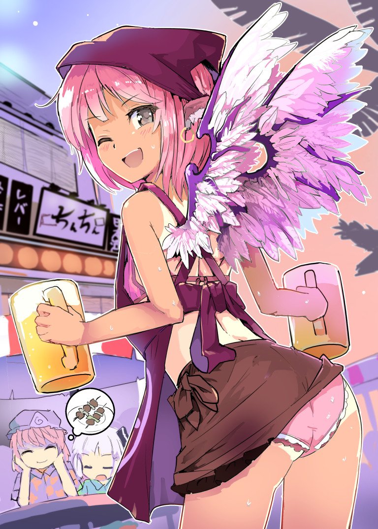 3girls alternate_costume animal_ears ass beer_mug blush earrings eyebrows_visible_through_hair female holding holding_cup jewelry konpaku_youmu looking_back mystia_lorelei one_eye_closed open_mouth panties pink_panties puuakachan saigyouji_yuyuko touhou underwear upper_teeth wings wink