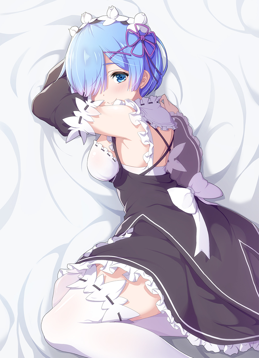 1girl back_bow bangs bed_sheet black_skirt blue_eyes blue_hair blush bow choker detached_sleeves flower frilled_skirt frills hair_flower hair_ornament hair_over_one_eye hair_ribbon head_wreath highres koflif looking_at_viewer lying on_side parted_bangs purple_ribbon re:zero_kara_hajimeru_isekai_seikatsu rem_(re:zero) ribbon ribbon-trimmed_legwear ribbon-trimmed_sleeves ribbon_trim short_hair skirt smile solo white_bow white_flower white_legwear