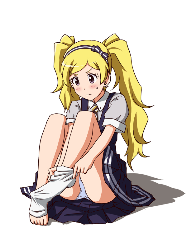 1girl bangs barefoot black_hairband blonde_hair blue_dress blush closed_mouth collared_shirt crotch_seam diagonal-striped_neckwear diagonal_stripes dress emily_stewart feet frown grey_shirt hairband idolmaster idolmaster_million_live! invisible_chair lielos long_hair medium_dress panties pantyshot pantyshot_(sitting) pinafore_dress pleated_dress shadow shirt short_sleeves simple_background single_sock sitting socks solo striped striped_neckwear sweatdrop swept_bangs toes twintails underwear violet_eyes white_background white_legwear white_panties wing_collar