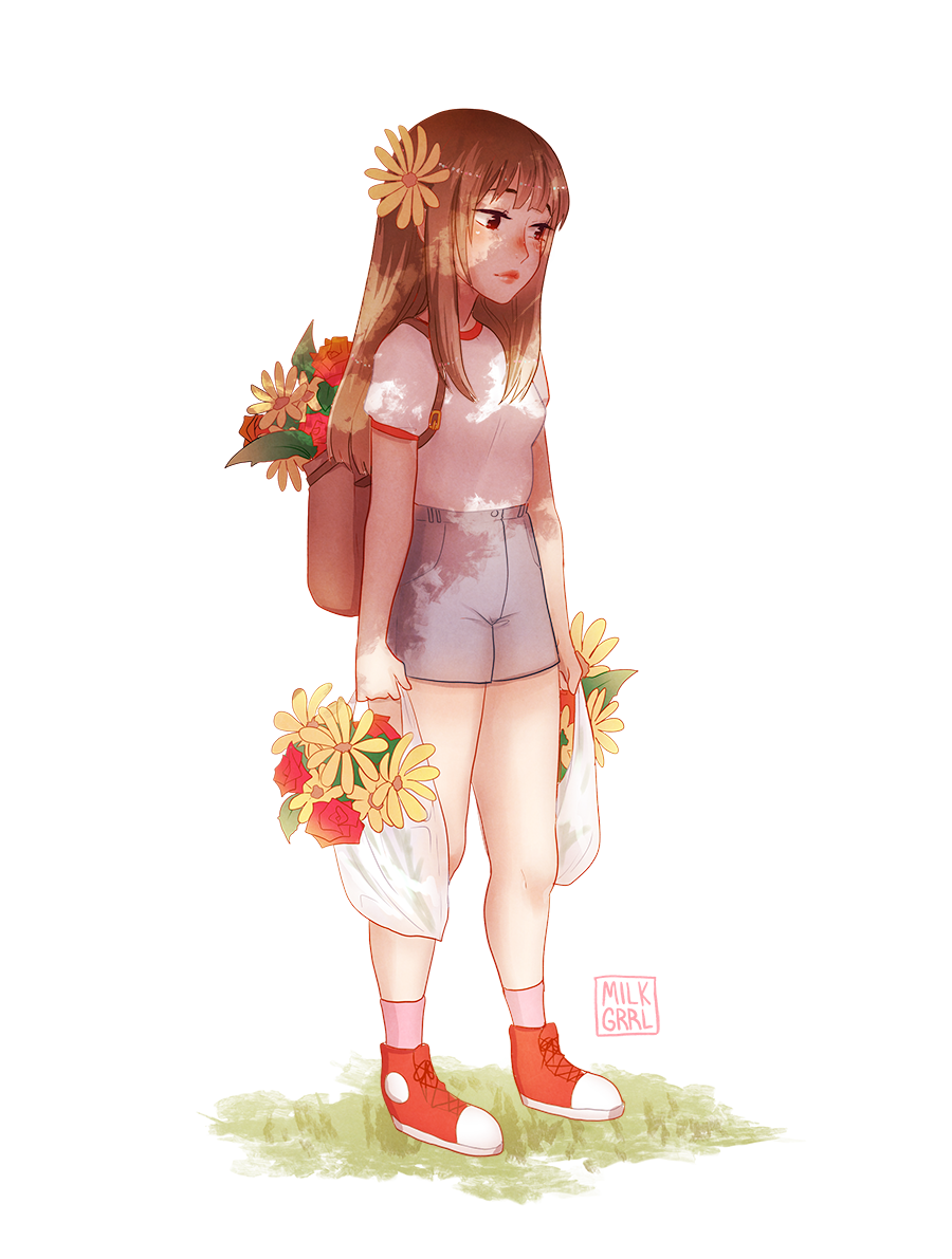 1girl arms_at_sides artist_logo artist_name backpack bag blush breasts brown_eyes brown_hair clenched_hands closed_mouth dappled_sunlight denim denim_shorts flower full_body grass grey_shorts hair_flower hair_ornament high-waist_shorts holding holding_bag long_hair looking_down looking_to_the_side nose_blush original pink_legwear red_flower red_footwear shari_cote shirt shoes short_sleeves shorts simple_background small_breasts sneakers socks solo standing sunflower sunlight white_background white_shirt yellow_flower