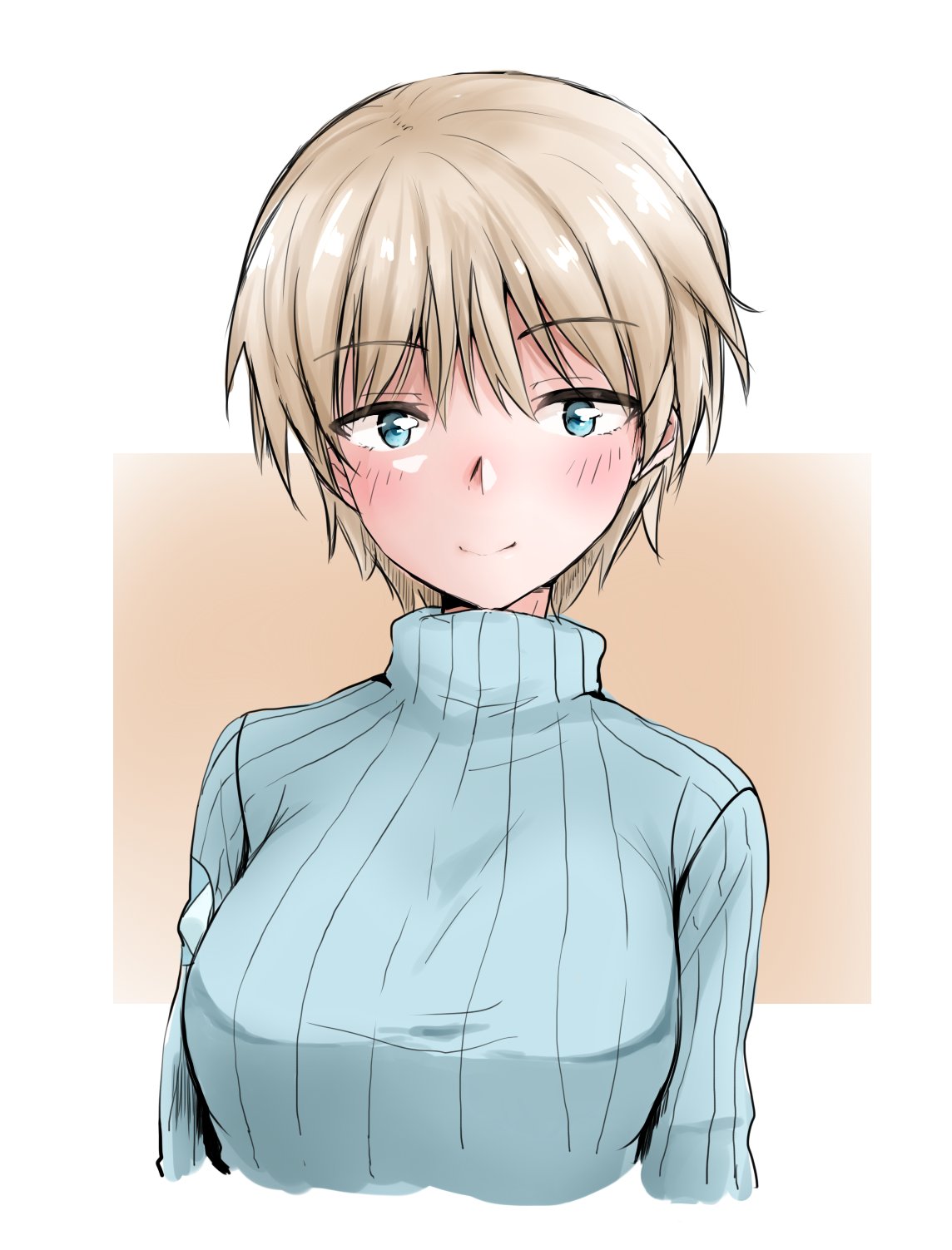 1girl bangs blonde_hair blue_eyes blue_sweater brave_witches closed_mouth commentary cropped_torso eyebrows_visible_through_hair highres looking_at_viewer military military_uniform nikka_edvardine_katajainen ribbed_sweater shichisaburo short_hair smile solo sweater turtleneck uniform upper_body world_witches_series