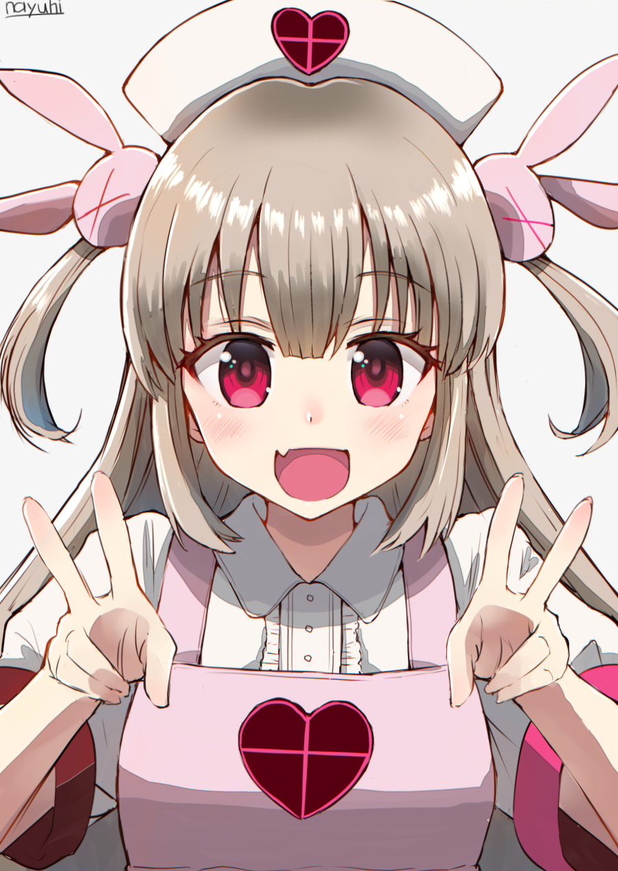 &gt;_&lt; 1girl :d apron bangs blush bunny_hair_ornament center_frills collared_shirt commentary_request double_v eyebrows_visible_through_hair fang fingernails frills grey_background hair_between_eyes hair_ornament hat heart highres light_brown_hair long_hair natori_sana nayuhi_(yukimuu14) nurse_cap open_mouth pink_apron puffy_short_sleeves puffy_sleeves red_eyes sana_channel shirt short_sleeves simple_background smile solo two_side_up v very_long_hair virtual_youtuber white_hat white_shirt