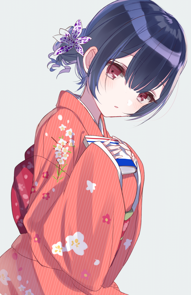 1girl blue_hair blush book bow diagonal_stripes floral_print flower grey_background hair_flower hair_ornament holding holding_book horizontal_stripes idolmaster idolmaster_shiny_colors japanese_clothes kimono long_sleeves looking_at_viewer misumi_(macaroni) morino_rinze orange_kimono parted_lips red_bow red_eyes red_flower short_hair simple_background sleeves_past_wrists solo striped white_flower