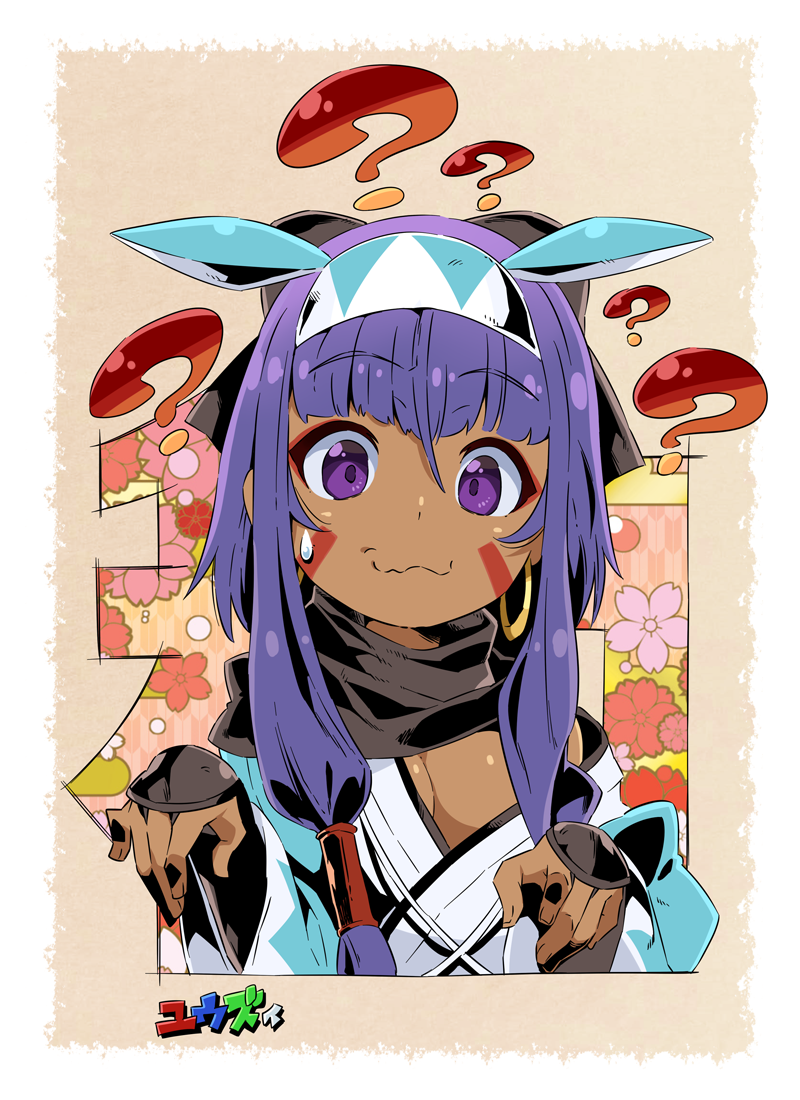 1girl ? alternate_color alternate_costume animal_ears arm_guards bangs bow breasts cleavage closed_mouth commentary_request cosplay dark_skin eyebrows_visible_through_hair facial_mark fate/grand_order fate_(series) fingernails flower green_bow hair_between_eyes hair_bow hairband hands_up haori jackal_ears japanese_clothes kimono koha-ace long_hair long_sleeves medium_breasts nitocris_(fate/grand_order) okita_souji_(fate) okita_souji_(fate)_(cosplay) oversized_clothes pink_flower purple_hair red_flower solo sweatdrop translation_request violet_eyes wavy_mouth white_kimono wide_sleeves yuuzii