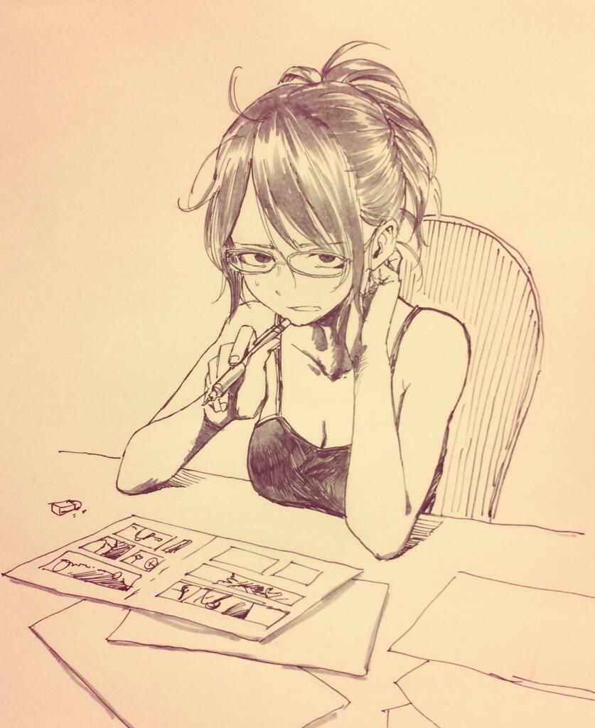 1girl bare_shoulders breasts chair cleavage commentary eraser glasses hair_up kotoyama medium_breasts messy_hair original pen sweatdrop table