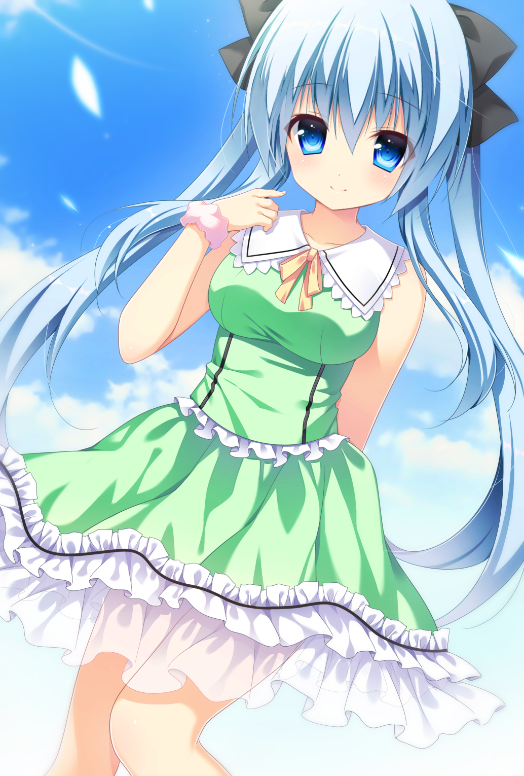 1girl arm_behind_back bangs bare_arms bare_shoulders black_bow blue_eyes blue_sky blush bow breasts clouds collarbone commentary day dutch_angle eyebrows_visible_through_hair eyes_visible_through_hair frilled_skirt frills green_shirt green_skirt hair_between_eyes hair_bow hand_up highres light_blue_hair long_hair looking_at_viewer neck_ribbon original pimopi pink_scrunchie pointing pointing_at_self ribbon scrunchie see-through shirt skirt sky sleeveless sleeveless_shirt smile solo twintails very_long_hair wrist_scrunchie yellow_neckwear yellow_ribbon