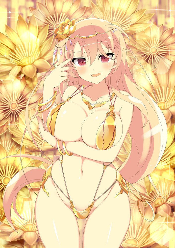 1girl blonde_hair blush bracelet breast_hold breasts flower hair_flower hair_ornament jewelry large_breasts long_hair looking_at_viewer navel official_art open_mouth red_eyes senran_kagura_(series) senran_kagura_new_wave smile solo souji_(senran_kagura) stomach swimsuit very_long_hair yaegashi_nan