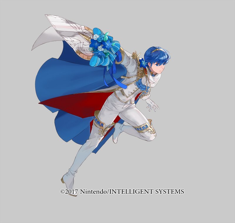 1boy blue_eyes blue_hair fire_emblem fire_emblem:_mystery_of_the_emblem fire_emblem_heroes flower formal gloves groom male_focus marth mayo_(becky2006) official_art short_hair simple_background smile suit tiara tuxedo weapon