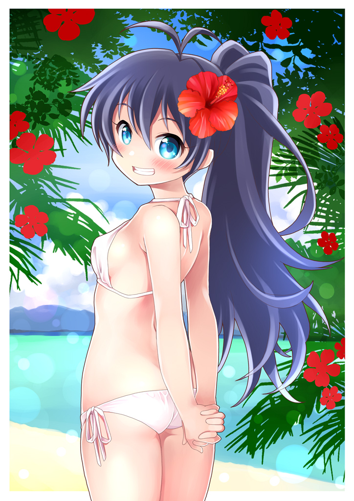 1girl antenna_hair arms_behind_back ass beach bikini black_hair blue_eyes breasts day earrings fang flower from_behind ganaha_hibiki grin hair_flower hair_ornament hibiscus high_ponytail hoop_earrings idolmaster jewelry kawanobe outdoors ponytail small_breasts smile solo swimsuit white_bikini