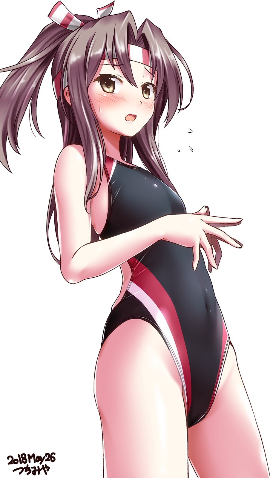 1girl artist_name black_swm brown_eyes competition_swimsuit covered_navel cowboy_shot dated fingers_together grey_hair hachimaki headband high_ponytail highres kantai_collection long_hair looking_at_viewer one-piece_swimsuit open_mouth simple_background solo swimsuit tsuchimiya white_background zuihou_(kantai_collection)