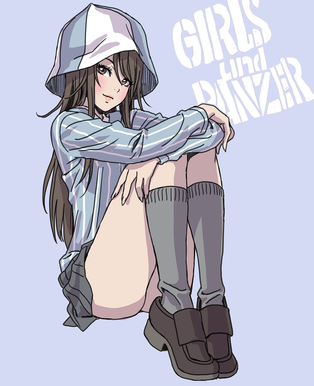 1girl black_footwear blue_background blue_hat blue_shirt brown_eyes brown_hair closed_mouth copyright_name dress_shirt fingernails full_body girls_und_panzer grey_legwear grey_skirt hat highres invisible_chair keizoku_school_uniform leg_hug legs light_smile lips loafers long_hair long_sleeves looking_at_viewer mika_(girls_und_panzer) miniskirt pleated_skirt school_uniform shirt shoes simple_background sitting skirt smile socks solo striped striped_shirt vertical-striped_shirt vertical_stripes white_shirt yamashita_shun'ya