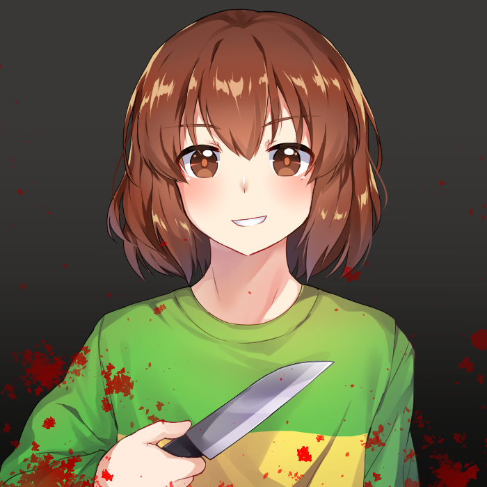 1other androgynous blood bloody_clothes brown_eyes brown_hair caramell0501 chara_(undertale) grin knife short_hair smile solo undertale