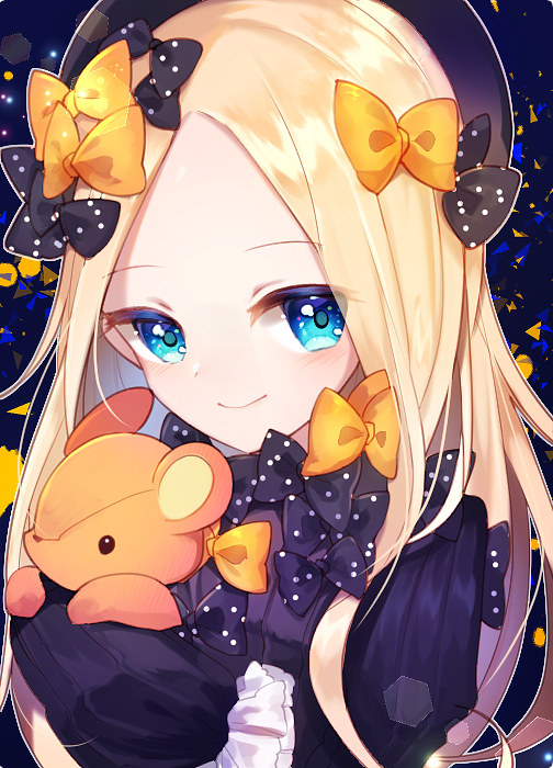 1girl abigail_williams_(fate/grand_order) aya_(aya_op10s) bangs black_bow black_dress black_hat blonde_hair blue_eyes blush bow closed_mouth commentary_request dress eyebrows_visible_through_hair fate/grand_order fate_(series) forehead hair_bow hat long_hair long_sleeves looking_at_viewer object_hug orange_bow parted_bangs polka_dot polka_dot_bow sleeves_past_fingers sleeves_past_wrists smile solo stuffed_animal stuffed_toy teddy_bear upper_body very_long_hair