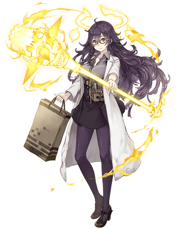 1girl bag braid breasts contemporary contrapposto dorothy_(sinoalice) energy_weapon expressionless full_body glasses jino labcoat large_breasts looking_at_viewer messy_hair official_art pantyhose purple_hair sinoalice skirt solo test_tube transparent_background violet_eyes