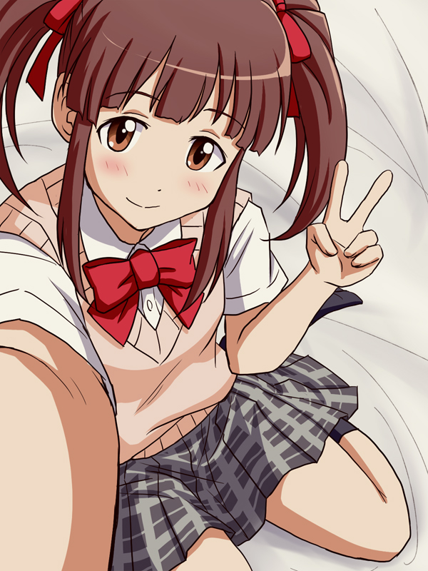 1girl bangs bed_sheet black_legwear bow bowtie brown_eyes brown_hair brown_vest checkered checkered_skirt closed_mouth collared_shirt commentary_request eyebrows_visible_through_hair foreshortening grey_skirt hair_ribbon idolmaster idolmaster_cinderella_girls lielos looking_at_viewer medium_hair miniskirt ogata_chieri on_bed pleated_skirt red_neckwear red_ribbon ribbon self_shot shirt sidelocks sitting skirt smile socks solo sweater_vest twintails v vest wariza white_shirt wing_collar