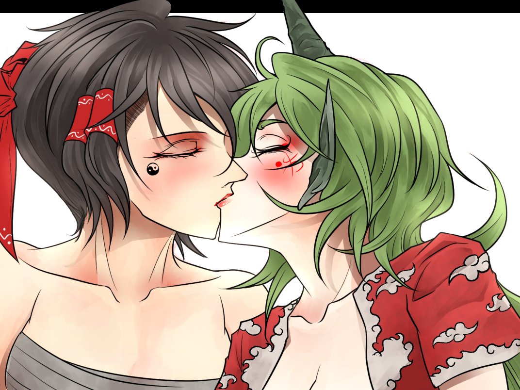 2girls animal_ears blush bow breasts brown_hair cleavage closed_eyes cloud_print collarbone facial_tattoo green_hair hair_bow hair_tubes hakurei_reimu horn kiss komano_aun long_hair multiple_girls ryuuichi_(f_dragon) sarashi short_hair short_sleeves simple_background tattoo touhou yin_yang yuri