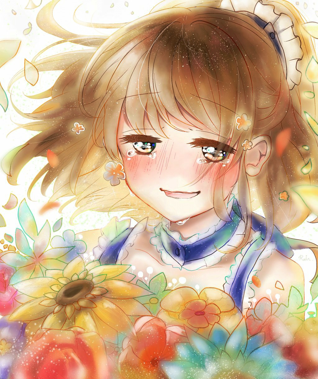 1girl arle_nadja blue_dress blue_headband blush brown_hair commentary_request crying crying_with_eyes_open dress eyebrows_visible_through_hair flower frilled_straps full-face_blush half_updo highres looking_at_viewer puyopuyo rain_(leying2626) short_hair sketch_eyebrows solo sunflower tears upper_body yellow_flower