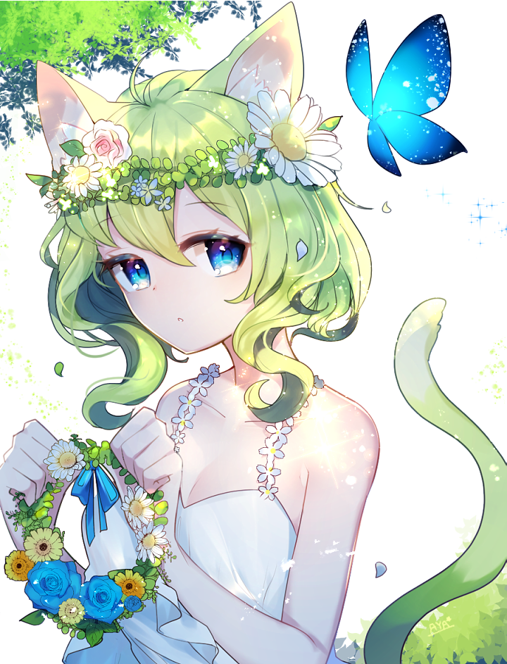 1girl :o ahoge animal animal_ears artist_name aya_(aya_op10s) bangs bare_arms bare_shoulders blue_bow blue_eyes blue_flower blue_rose bow bug butterfly cat_ears cat_tail collarbone commentary_request dress eyebrows_visible_through_hair flower flower_wreath green_hair hair_between_eyes head_tilt head_wreath holding insect long_hair looking_at_viewer original parted_lips petals pink_flower pink_rose rose signature sleeveless sleeveless_dress solo sparkle tail white_dress white_flower yellow_flower