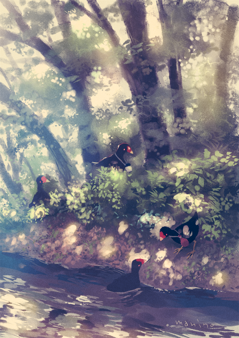 bathing bird bush commentary_request dappled_sunlight day eye_contact forest grass highres looking_at_another manino_(mofuritaionaka) nature no_humans original outdoors river scenery signature sunlight