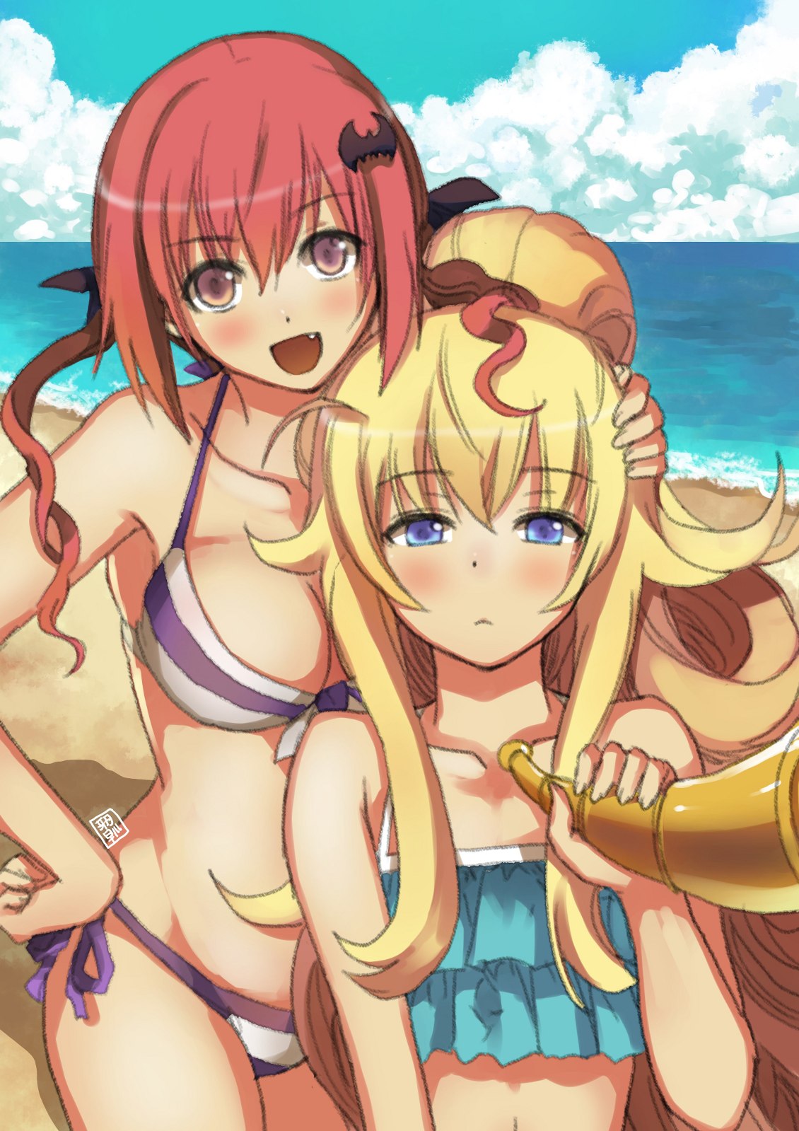 2girls bat_hair_ornament beach bikini blonde_hair blue_eyes breasts cowboy_shot day fang flat_chest frilled_bikini frills gabriel_dropout garimpeiro hair_ornament highres instrument kurumizawa_satanichia_mcdowell long_hair looking_at_viewer medium_breasts multiple_girls open_mouth outdoors ponytail red_eyes redhead side-tie_bikini smile striped striped_bikini swimsuit tenma_gabriel_white trumpet upper_body