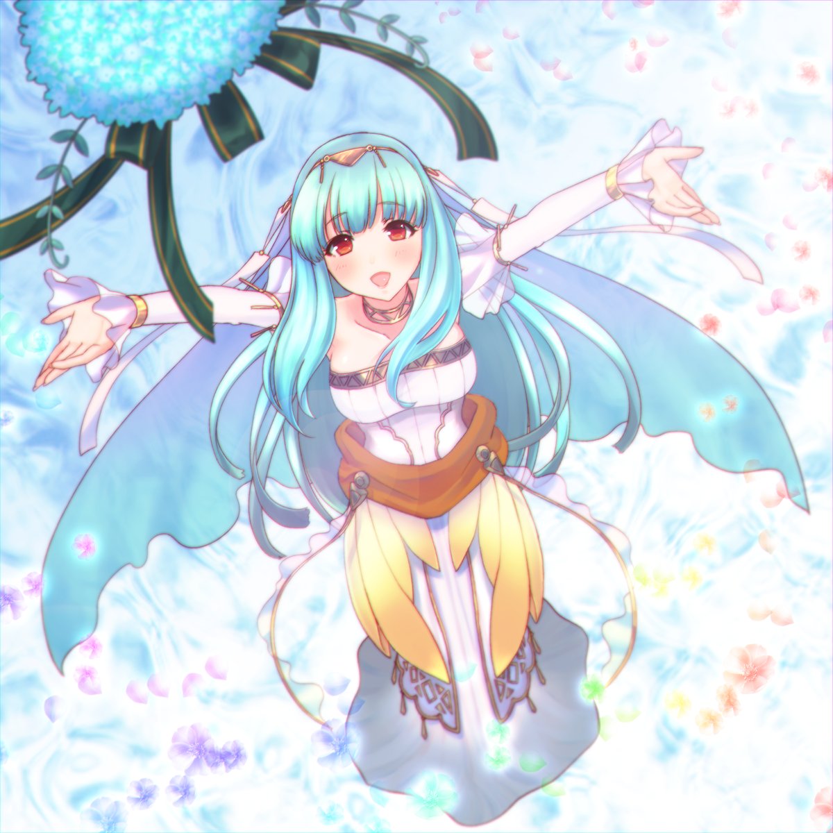 1girl blue_hair bouquet bridal_veil bride dress fire_emblem fire_emblem:_rekka_no_ken fire_emblem_heroes flower green_ribbon hair_ornament highres lazulia long_hair mamkute ninian open_mouth outstretched_arms petals red_eyes ribbon solo strapless strapless_dress veil wedding_dress white_dress