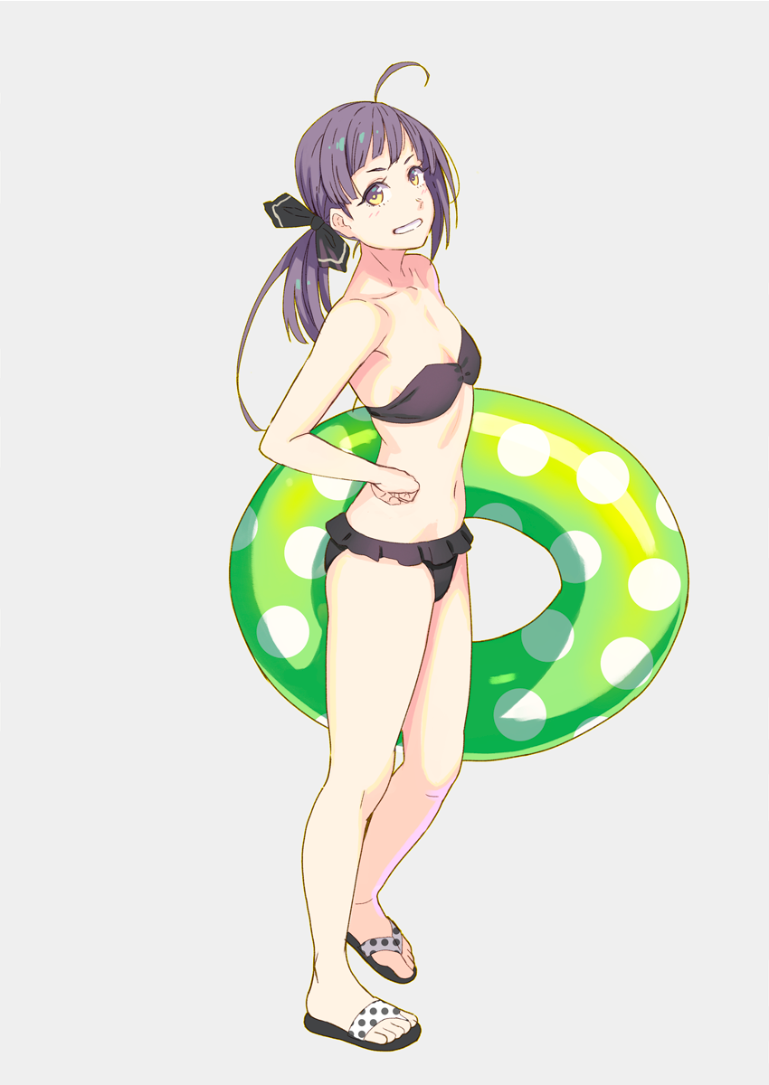 1girl ahoge bikini black_bikini flat_chest fujinami_(kantai_collection) full_body grin hair_ribbon hand_on_hip highres innertube kantai_collection long_hair looking_at_viewer purple_hair ribbon sandals side_ponytail simple_background smile solo standing swimsuit white_background yellow_eyes yuuji_(and)
