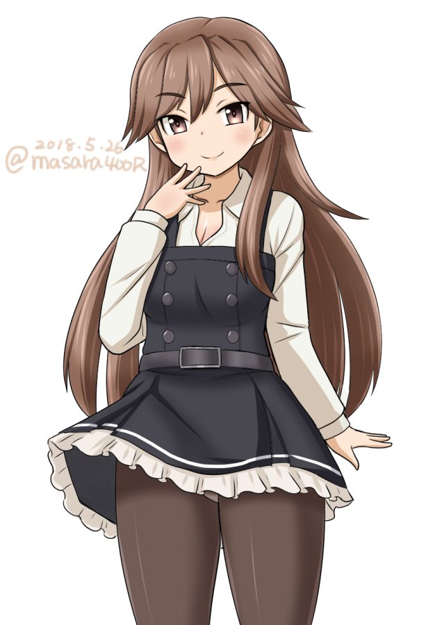 1girl arashio_(kantai_collection) black_legwear brown_eyes brown_hair cowboy_shot dated dress frilled_dress frills kantai_collection long_hair long_sleeves looking_at_viewer masara_(masalucky2010) pantyhose pinafore_dress remodel_(kantai_collection) simple_background solo standing twitter_username white_background