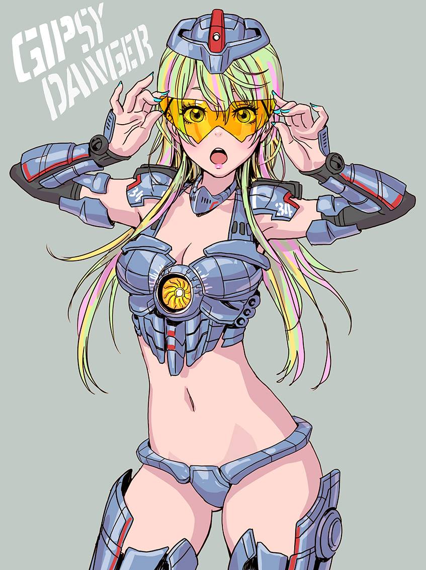 1girl :o adjusting_eyewear armor bangs bikini_armor blonde_hair blue_nails boots breasts cleavage cowboy_shot elbow_gloves fingernails gauntlets gipsy_danger gloves greaves grey_background long_hair looking_at_viewer mecha medium_breasts multicolored_hair nail_polish open_mouth pacific_rim pauldrons personification simple_background solo standing sunglasses thigh-highs thigh_boots two-tone_hair yamashita_shun'ya