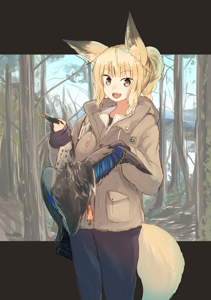 1girl :d animal_ears batta_(kanzume_quality) blonde_hair blue_pants dead_animal eyebrows_visible_through_hair fox_ears fox_girl gloves green_eyes grey_gloves holding jacket looking_at_viewer open_mouth original pants pocket ponytail shirt smile solo standing white_shirt