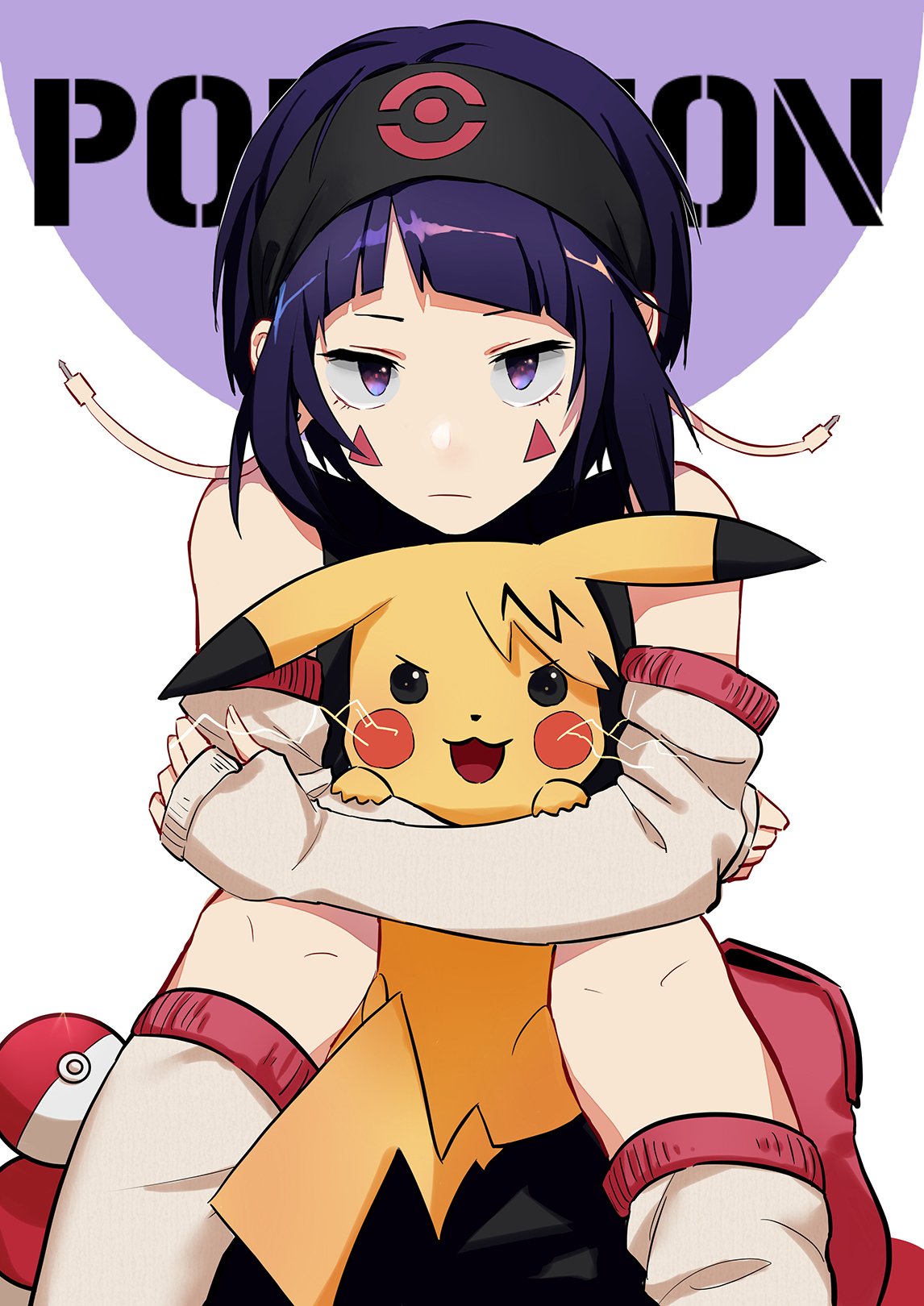 &gt;:3 &gt;:d 1girl :3 :d animalization bangs bare_shoulders black_shirt boku_no_hero_academia copyright_name crossover detached_sleeves electricity facial_mark gen_1_pokemon headband highres hug jirou_kyouka kaminari_denki kneehighs liyuchen1126 long_sleeves looking_at_viewer open_mouth pikachu pokemon purple_hair shirt short_hair sitting smile violet_eyes