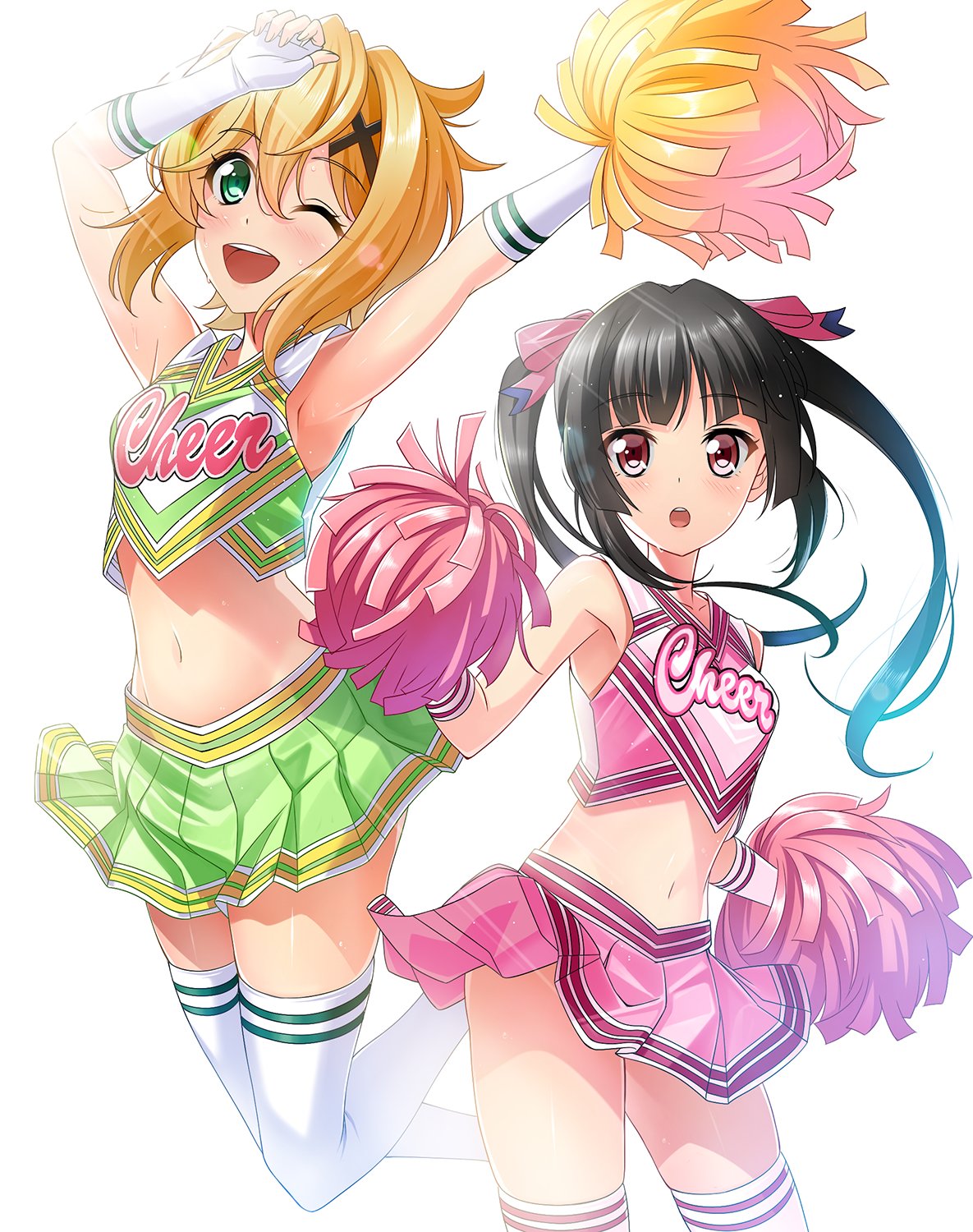 2girls :d :o akatsuki_kirika alternate_costume armpits arms_up black_hair blonde_hair cheerleader clothes_writing commentary crop_top cursive dress elbow_gloves english eyebrows_visible_through_hair fading gloves green_eyes green_shirt green_skirt hair_ornament highres holding long_hair midriff miniskirt multiple_girls nyanmaru open_mouth pink_shirt pink_skirt pleated_skirt pom_poms print_legwear senki_zesshou_symphogear shirt short_hair skindentation skirt sleeveless sleeveless_dress smile striped striped_skirt sweat thigh-highs tsukuyomi_shirabe twintails v-neck violet_eyes white_gloves white_legwear x_hair_ornament