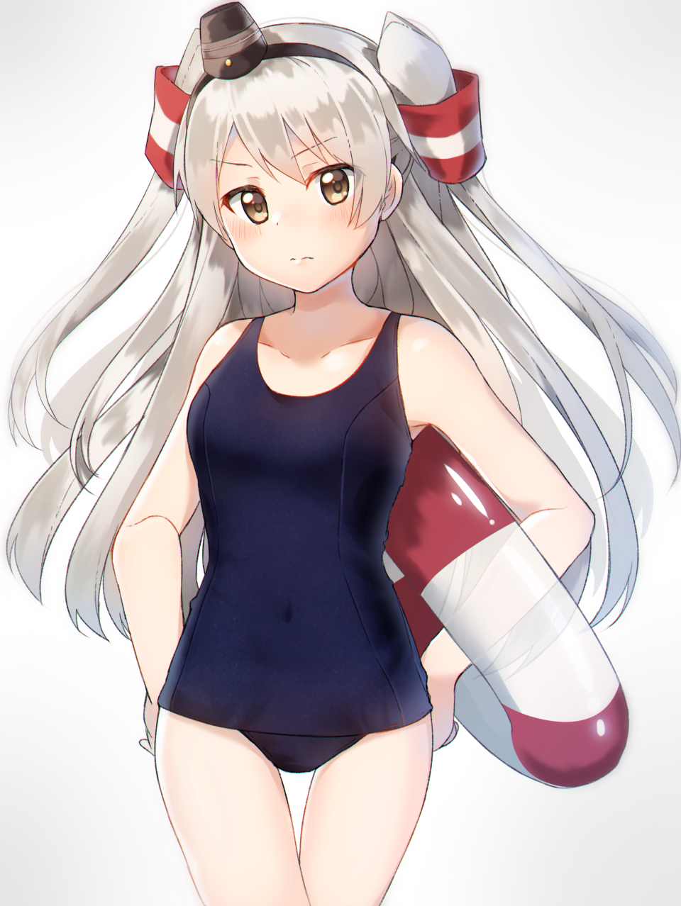 1girl amatsukaze_(kantai_collection) blush breasts brown_eyes collarbone covered_navel eyebrows_visible_through_hair highres kantai_collection lifebuoy long_hair looking_at_viewer school_swimsuit sikutogurei_(kunugi_miyaco) silver_hair small_breasts solo standing swimsuit two_side_up windsock