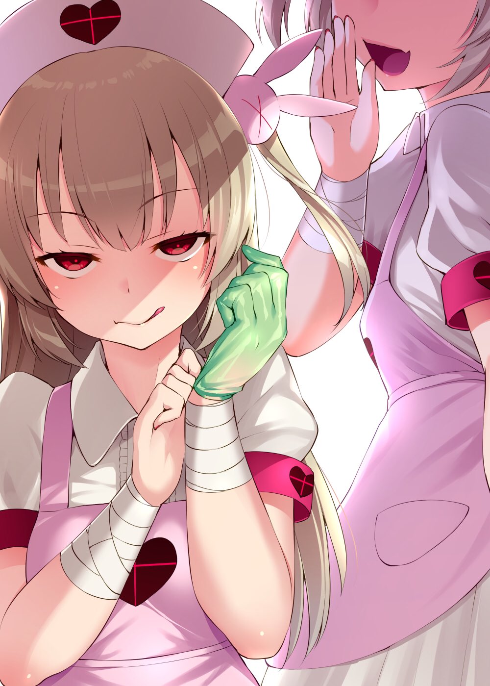 1girl ;p apron bandage bandaged_arm bangs blunt_bangs breasts bunny_hair_ornament center_frills commentary eyebrows_visible_through_hair eyelashes fang fingernails gloves green_gloves hair_ornament half-closed_eyes hand_to_own_mouth hand_up hat head_out_of_frame highres kure_masahiro licking_lips light_brown_hair long_fingernails long_hair looking_at_viewer nail_polish natori_sana nurse_cap one_eye_closed open_mouth pink_apron pink_hat pleated_skirt puffy_short_sleeves puffy_sleeves red_eyes red_nails sana_channel shirt short_sleeves sidelocks simple_background skirt smile solo tongue tongue_out two_side_up virtual_youtuber white_background white_shirt white_skirt