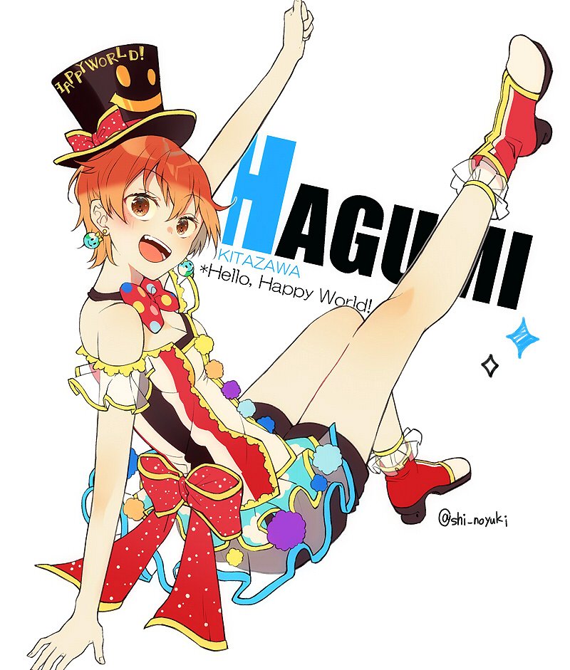 1girl :d back_bow bang_dream! black_hat boots bow bowtie breasts brown_eyes character_name cleavage eyebrows_visible_through_hair group_name hair_between_eyes hat hat_bow headwear_writing high_heel_boots high_heels kitazawa_hagumi leg_up looking_at_viewer open_mouth orange_hair polka_dot_neckwear pom_pom_(clothes) print_hat raised_fist red_bow red_neckwear shi_noyuki short_hair sitting small_breasts smile smiley_face solo top_hat twitter_username upper_teeth white_background