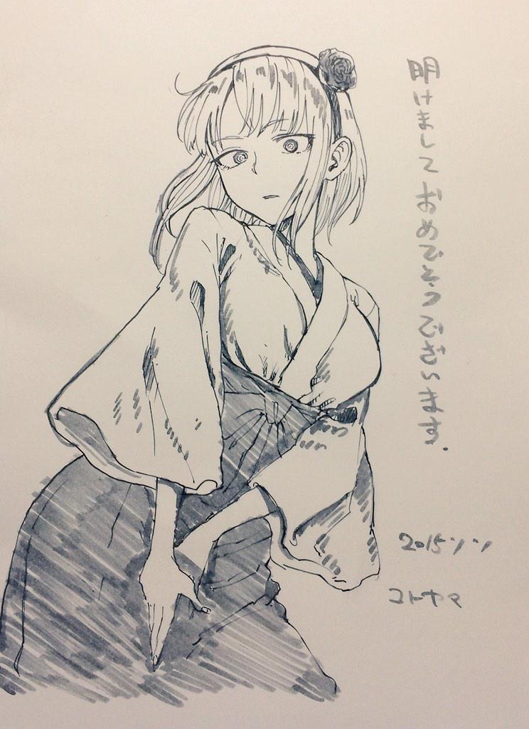 1girl 2015 akeome artist_name bangs dagashi_kashi dated flower hair_flower hair_ornament hairband happy_new_year japanese_clothes kotoyama looking_at_viewer marker_(medium) miko new_year parted_lips ringed_eyes shidare_hotaru solo traditional_media translated wide_sleeves