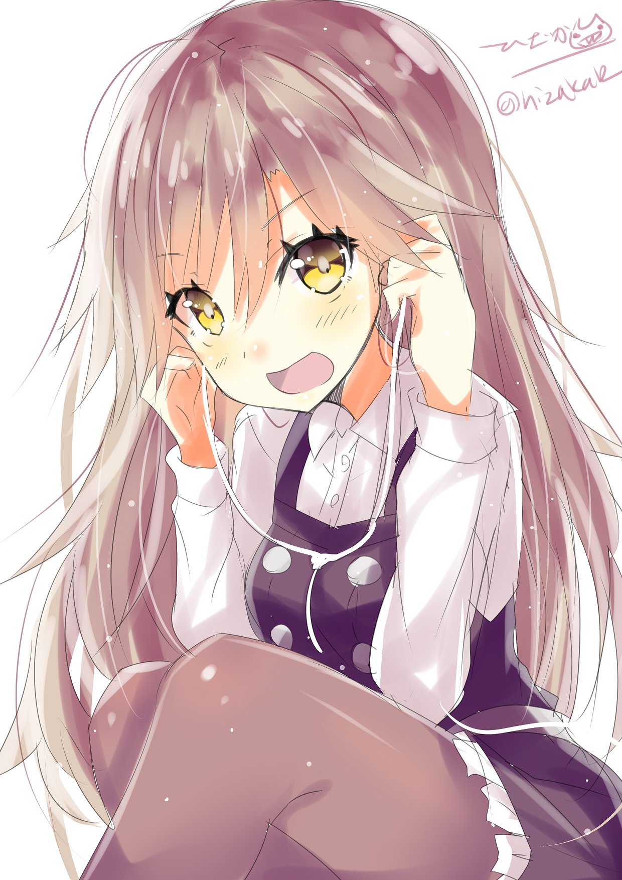 1girl arashio_(kantai_collection) black_legwear blush brown_hair dress eyebrows_visible_through_hair hair_between_eyes headphones highres hizaka kantai_collection long_hair long_sleeves looking_at_viewer open_mouth pantyhose pinafore_dress remodel_(kantai_collection) school_uniform shirt simple_background small_nipples solo twitter_username white_background white_shirt yellow_eyes