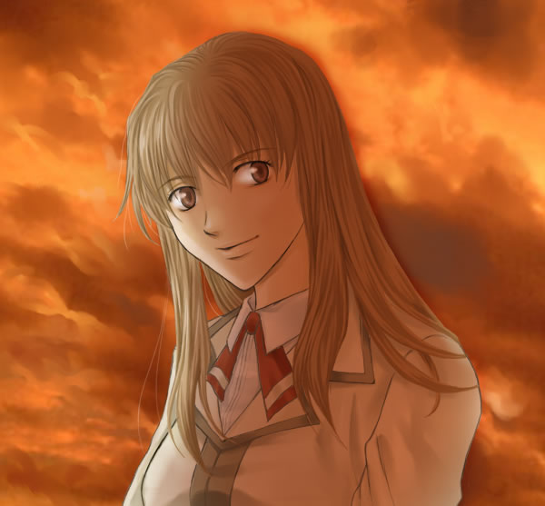 1girl bangs breasts brown_eyes brown_hair eyebrows_visible_through_hair fujino_shizuru long_hair looking_at_viewer mico3 my-hime parted_lips sky striped_neckwear