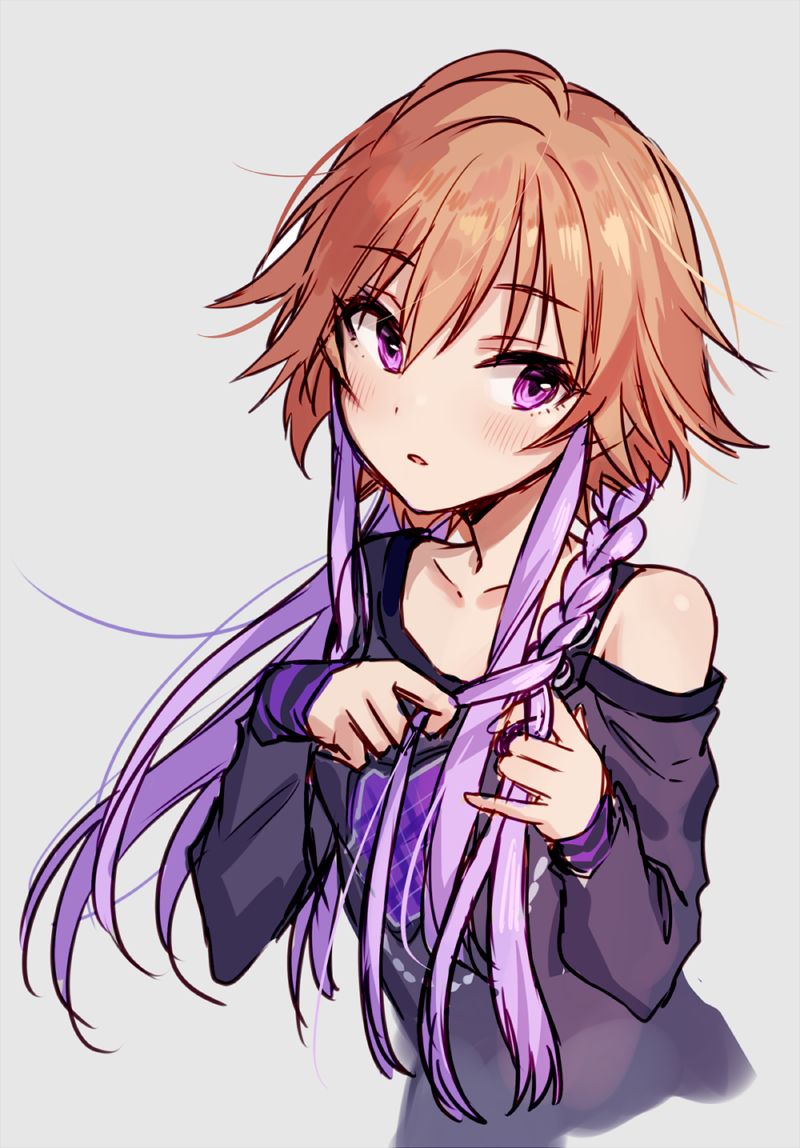 1girl bare_shoulders blush braid braiding_hair collarbone cropped_torso eyebrows_visible_through_hair hair_between_eyes hair_extensions hairdressing idolmaster idolmaster_cinderella_girls long_hair long_sleeves multicolored_hair ninomiya_asuka off_shoulder orange_hair parted_lips purple_hair shirt side_braid sidelocks simple_background single_braid sketch solo tamaext two-tone_hair violet_eyes